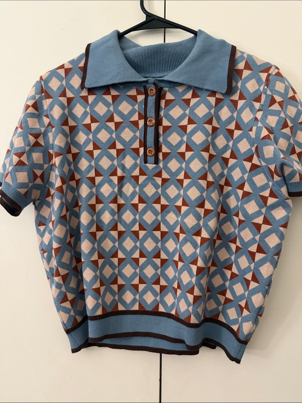 Cider Blue Brown Cream Geometric Knit Polo Sweater